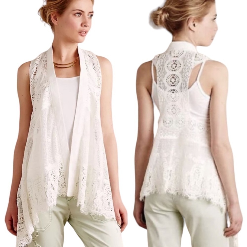 ANTHROPOLOGIE Meadow Rue 100% Cotton White Lace Open Front Vest US Sz XS